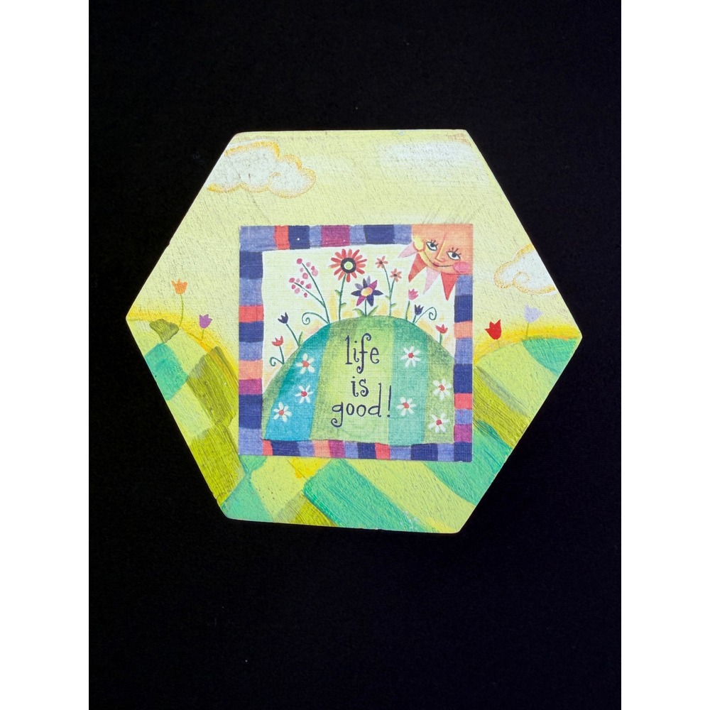 Natural Life is Good Wood Trinket Box Hexagon Yellow Floral Whimsical Decor - Picture 12 of 13